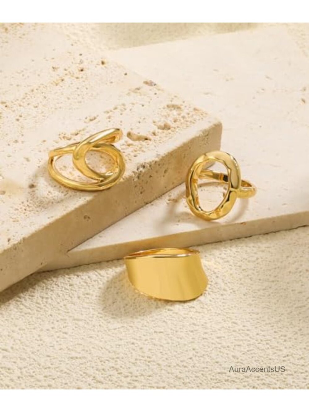 Chunky Gold Plated Stackable Statement Rings Set Hypoallergenic - Picture 2 of 6